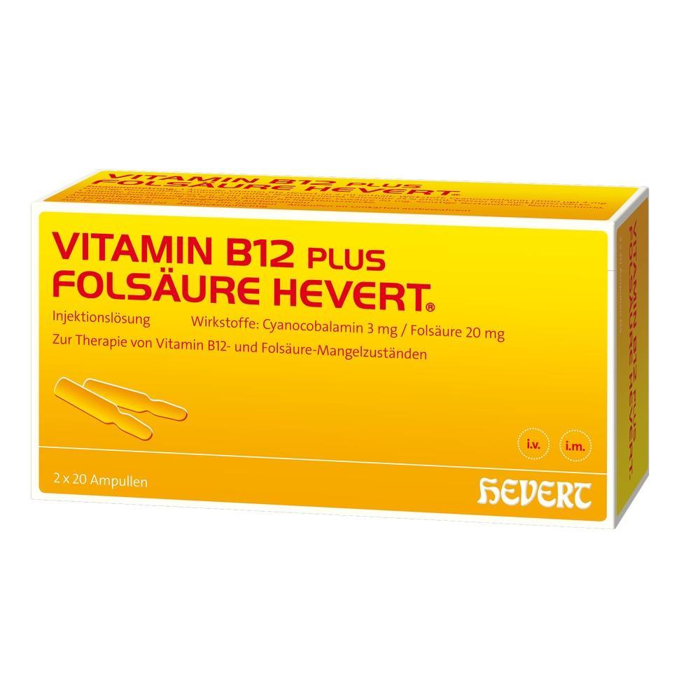 Gelbe Schachtel mit Vitamin B12 und Folsäure Injektionslösung von Hevert.